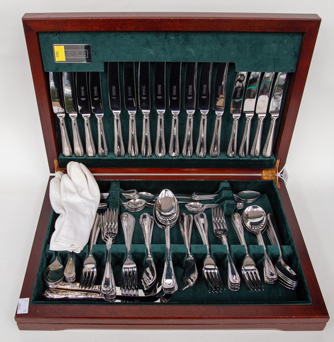 A Sheffield stainless steel eight piece canteen of cutlery by Jonelle, in fitted case