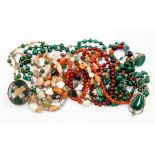 A collection of semi precious and glass bead jewellery to include  malachite necklaces and ring