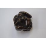 A treen netsuke in the form of a monkey sheltering under a large mushroom, signed