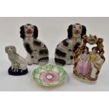 A group of Staffordshire 19th Century items including; spaniel and puppy; a pair of King Charles