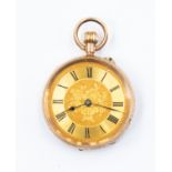 A 9ct gold ladies pocket watch, gold tone foliate decorated dial, numerals, diameter approx 35 mm,