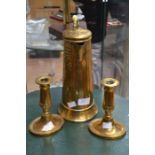 Brass Art Nouveau style pot and two brass candlesticks