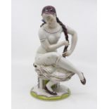 P.M and M German statue of a lady with platted hair seated on stool, impressed back stamp, 28 cms