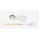 **AWAY** Set of seven silver coffee spoons, Sheffield 1933, together with a George Unite pickle fork