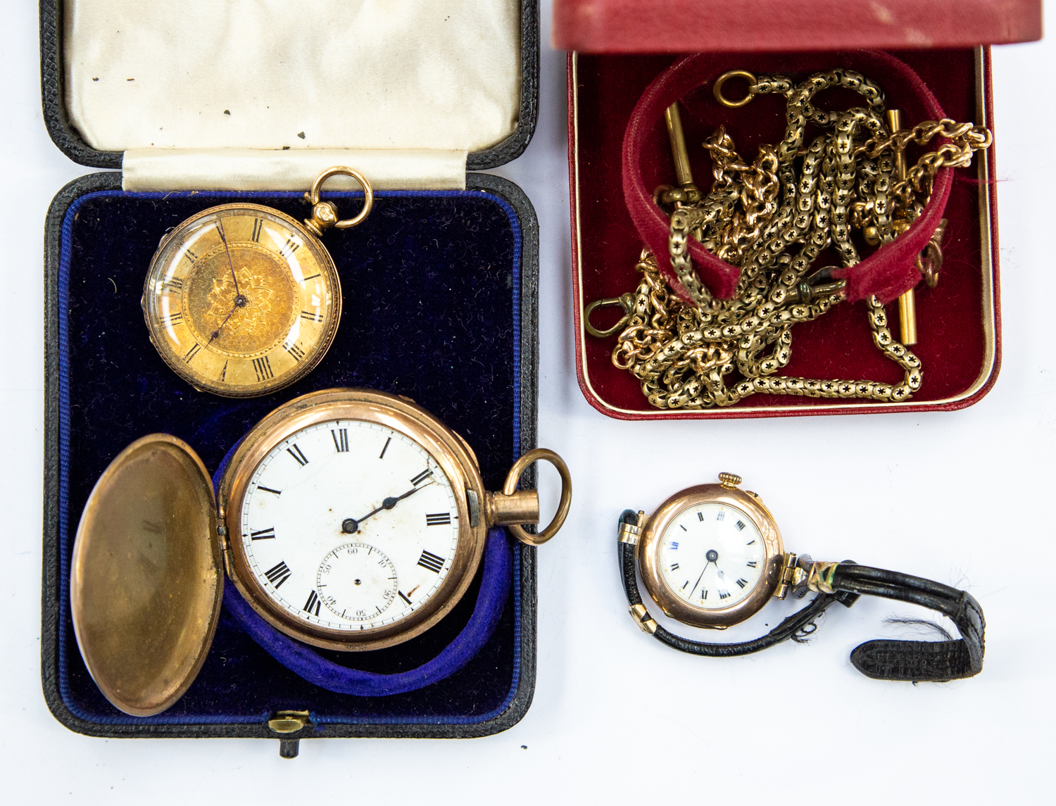 A 9ct gold 1930's lades watch, enamel dial on leather strap,  an unmarked yellow metal (testing as