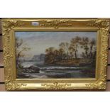 E Brown, British School, river scapes, with figures, oil on canvas, a pair framed, 48 x 29 cms