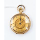 An 18ct gold open faced pocket watch, gold tone dial, foliate decoration, numerals, dial diameter
