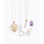 A collection of  jewellery to include 9ct yellow gold and diamond set line pendant, stone set heart,