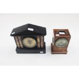 A Victorian Doric Temple black slate 8 day mantle clock, together with a French inlaid boxwood clock