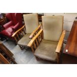 A pair of early 20th century oak low armchairs, barley twist on arm supports (2)