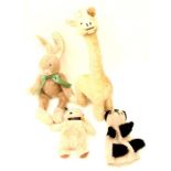 Four mid to late 20th Century plush toys, straw filled giraffe, Hopscotch Bunny, small Paddington