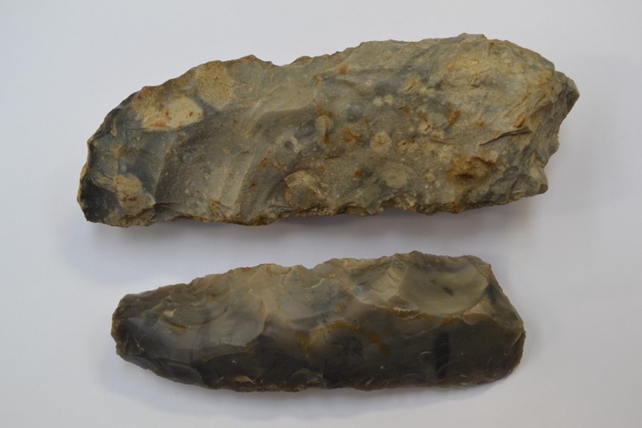 Two Prehistoric Flint Axeheads, A mesolithic tranchet axe/adze circa 9000-4000 BC, some damage at - Image 2 of 2