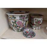 A planter with plinth, Famille Rose pattern plus a large Oriental style bowl, with soup bowl with