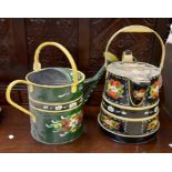 Two Barge ware style large tin watering cans, painted with flowers