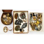 A 15ct signet ring, set bloodstone, a 9ct cameo brooch, jet carved Whitby Abbey etc, and various