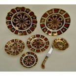 Royal Crown Derby Imari 1128 plates and pin trays, and cheese knife, second quality (7 pieces)