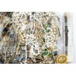 A collection of costume jewellery, white metal and yellow, metal items including pens (Q)