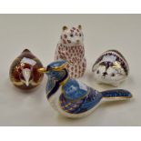 Royal Crown Derby paperweights of two pheasants, bear with silver stoppers along with a hedgehog