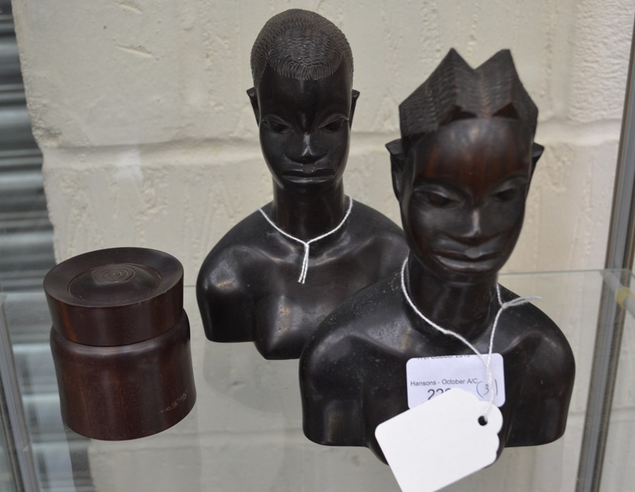 **AWAY** Two carved African busts, ebony, male & female plus a hardwood box and cover
