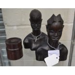 **AWAY** Two carved African busts, ebony, male & female plus a hardwood box and cover