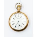 A  Waltham gold plated open faced pocket watch, Roman numerals to white enamel dial, along with 24