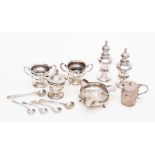 An Edward VII silver spice cruet, mustard, Chester 1903 ( 5 pieces) plated salt spoons and silver