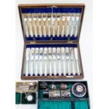 A box of Walker & Hall fish knives and forks for twelve settings, a ladies 935 silver pocket