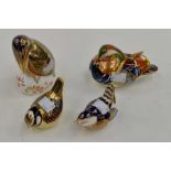 Royal Crown Derby paperweights of a kingfisher, duck, two small birds with silver stoppers