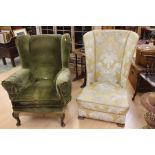 A 20th century yellow gold upholstered wingback bedroom chair; a similar dark green upholstered