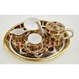 Miniature Royal Crown Derby Imari 1128 coffee tea set comprising, tray coffee pot, sugar bowl, cup