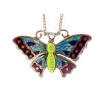 A Charles Horner  silver and enamel butterfly pendant, the wings viens decorated with turquoise