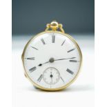 J. Edward, London, an 18ct gold open faced key wind pocket watch, 4cm white enamel dial with Roman