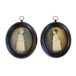 Naive English School, pair of Regency miniature portraits of children holding birds (one a