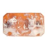 A late 19th century carved shell cameo plaque, with a European scenic view of figures, animals and