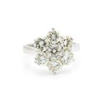 A diamond flowerhead cluster 18ct white gold ring, seven round brilliant-cut diamonds, total diamond