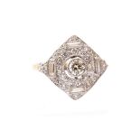 A diamond cluster ring, comprising a diamond shaped top set with round brilliant and baguette cut