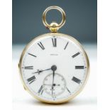 A Victorian 18ct gold open faced pocket keywind gents pocket watch, 4.5cm white enamel dial with