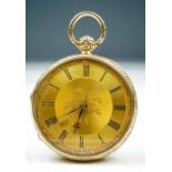 A Victorian 18ct gold open faced pocket watch, key wind, 4cm dial with Roman numerals, bright cut