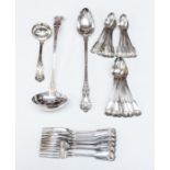 A collection of 19th Century style silver-plate flatware, including Fiddle thread and shell table