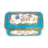 A 19th century blue enamelled box, each cartouche painted with flower, approx 9cm long