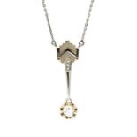 An Art Deco diamond set pendant, geometric top set with small rose cut diamonds, with suspended