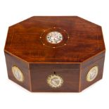 A George III mahogany octagonal sewing box, the hinged cover set with an oval ivory miniature