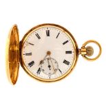 A late 19th Century 18ct gold full hunter pocket watch, 4.5cm white enamel dial with Roman