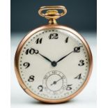 A 1930's 9ct gold open faced top wind pocket watch, 4cm champagne dial with Arabic numerals and