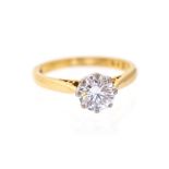 A diamond solitaire 18ct yellow gold ring, round brilliant-cut diamond, stamped to shank 1.21cts,