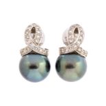 A pair of 18ct white gold, Tahitian pearl and diamond earrings, the pearls approx 11.69mm and 11.