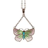 A Charles Horner silver and enamel butterfly pendant, decorated with pale pink and green
