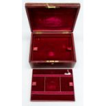 A 19th Century tooled gilt leather jewellery case, burgundy tone with two internal trays various