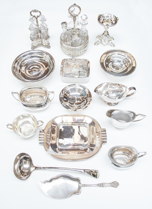 A collection of silver plate including: a circular tazza on detachable stand; an Aesthetic