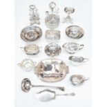 A collection of silver plate including: a circular tazza on detachable stand; an Aesthetic